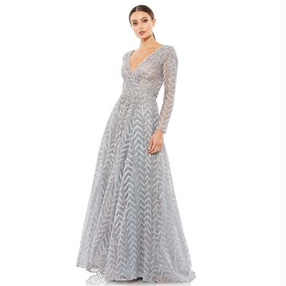 Mac Duggal 20189 Womens Illusion Long Sleeve Wrap Over Gown Dress - Picture 2 of 13